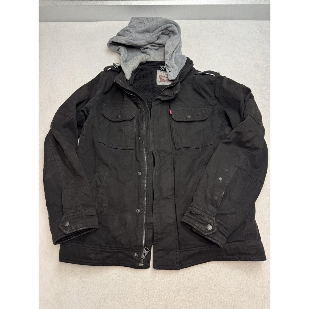 Levi's Jacket Mens Small Black Canvas Hooded Sherpa Lined Parka Pockets Winter